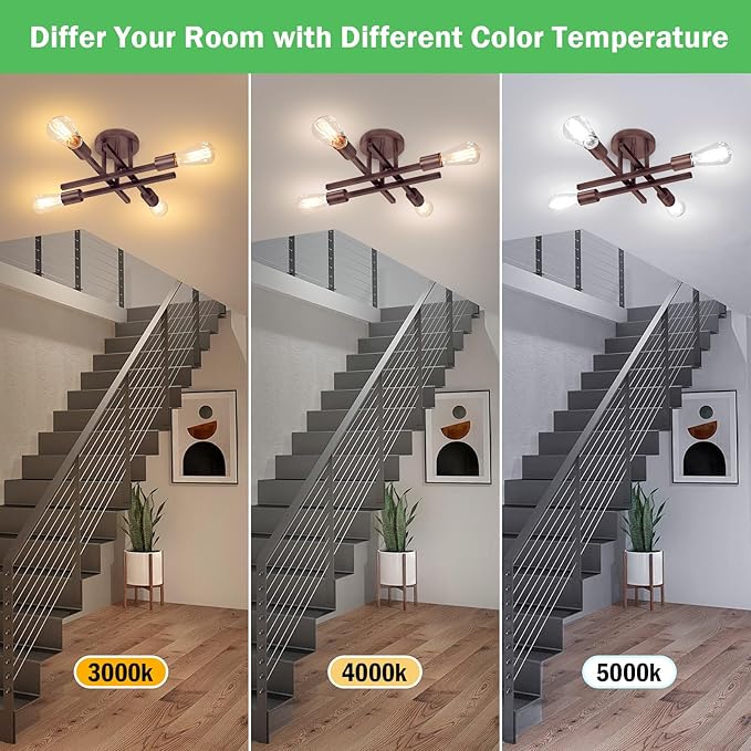 4-Light Semi Flush Mount Ceiling Light Fixture, Oil Rubbed Bronze Modern Industrial Sputnik Chandelier Light Fixture, Metal Flush Mount Ceiling Light for Kitchen Bedroom Living Room Closet, No Bulb