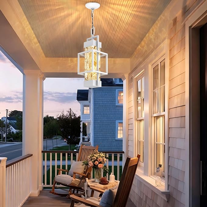 Hotsonic 15'' White Outdoor Indoor Pendant Celing Light Fixture, Modern Exterior Hanging Chandelier Porch Lights, Aluminum Outside Lantern Lamp for Entrance Foyer Entryway (Bulb Included)