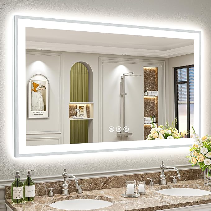55x36 Inch Brushed Nickel LED Bathroom Mirror, Backlit & Front Lit | Silver Framed Anti-Fog Lighted Vanity Mirror with Lights, 3 Color Dimmable, Memory, HD Tempered Glass, CRI95, IP54, UL Listed