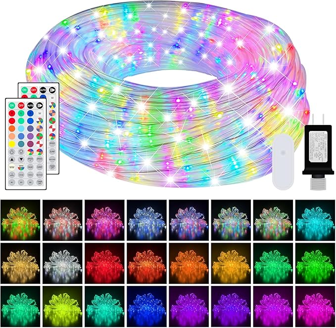 100ft 25 Colors LED Rope Lights, Outdoor IP68 Waterproof Warm White RGB Double Lamp Beads Tube String lights with Dimmable 4 Brightness, Rope Light for Outside, Yard, Deck, Party, Birthday Decorations