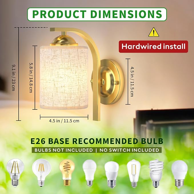2-Pack Wall Sconces for Bedroom and Bathroom, Gold Farmhouse Wall Light Fixtures with Fabric Shade, Modern Vanity Wall Lamps for Living Room, Hallway, Kitchen