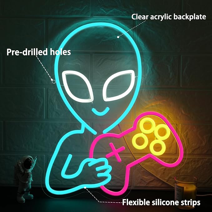 Alien Game Neon Sign Ice Blue Alien Neon Light for Wall Decor Dimmable Game Neon Sign Gaming Controller Light Up Sign for Bedroom Bar Room(16.14 * 12.8)