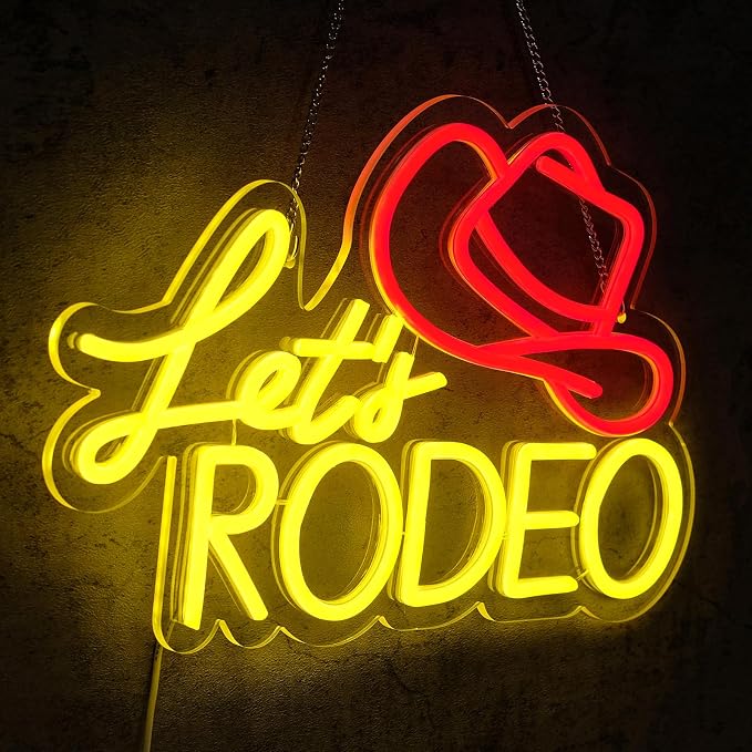 Let's Rodeo Neon Sign for Wall Decor Dimmable Cowboy Hat Led Lights Signs LED Signs for Game Room Cowboys Neon Light Room Decor for Farm Bar Game Room Man Cave Decoration Boys Gift