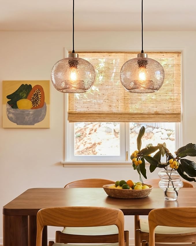 Glass Pendant Light, Clear Black Seeded, Brushed Nickel | HandBlown Ceiling Hanging Fixtures Dimmable Kitchen Island Sink Bar,Adjustable Cord,Lamp 8.7 Inch D