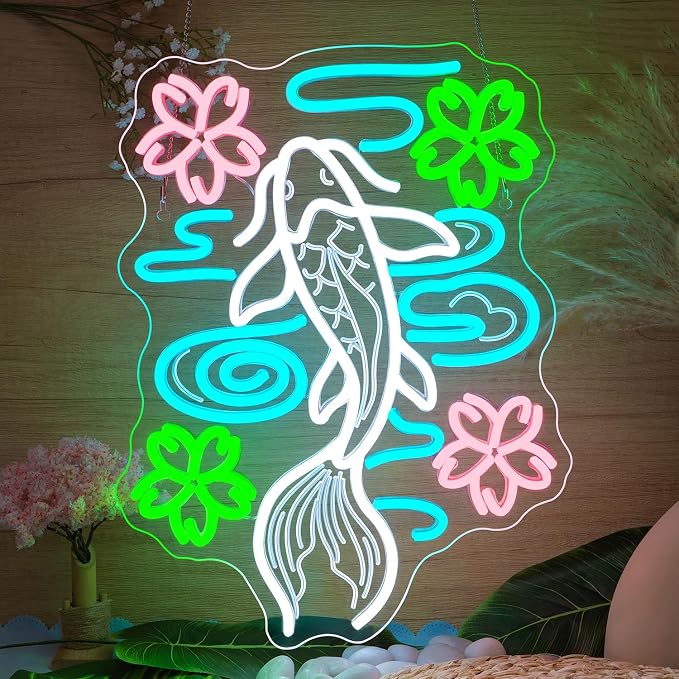 Koi Neon Sign LED Fish Light Up Japanese Decor in Home Bedroom Restaurant Fishes Pond Neon Sign in Koi Fish Decor with Cherry Blossoms LED Japanese Signs Gifts for Teens Sakura Lover