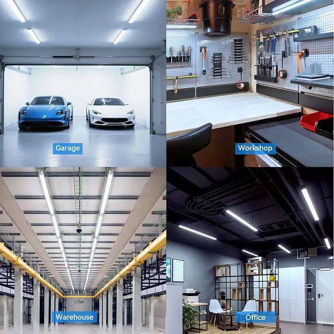 CNSUNWAY 4FT LED Shop Lights, 50W 7500LM D Shape, ETL Listed 10 Pack | 6500K Daylight White, plug-and-play T8 integrated design with clear cover and linkable setup for garages and workshops.