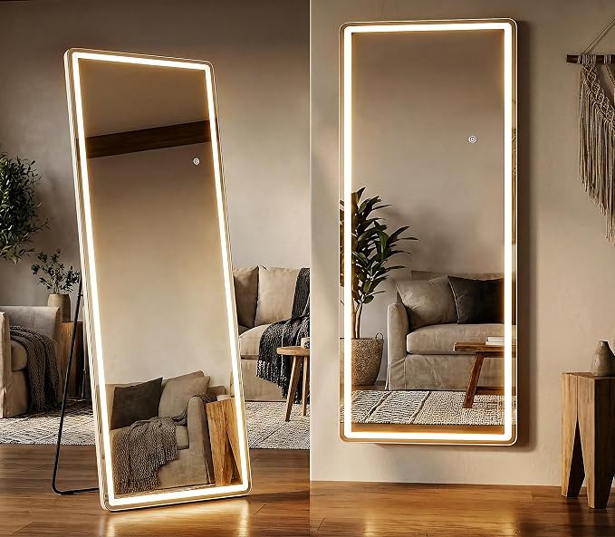 64x21 Lighted Full Body Mirror, Wall Mounted Mirror with 3 Color Lights | Floor Body Mirror with Stand, Hanging Mounted Design with Dimming for Dressing Room, Bedroom, Cloakroom and Daily Checks