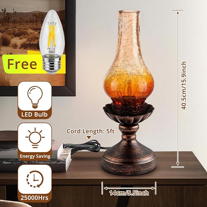 Vintage Table Lamp with Red Amber Gradient Crackle Glass Shade,Touch Control & 3-Way Dimmable Rustic Retro Farmhouse Bedside Lamp for Bedroom, Living Room, Cabin, Office (LED Candle Bulb Included)
