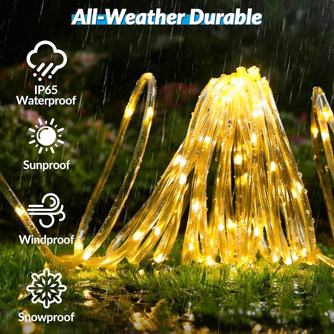 Solar Rope Lights, 4Pack 20FT 60 LED Solar Fairy Lights with 8 Lighting Modes, IP65 Waterproof Strip Light Outdoor for Garden Yard Patio Deck Fence Tree Party Holiday Decoration, Warm White