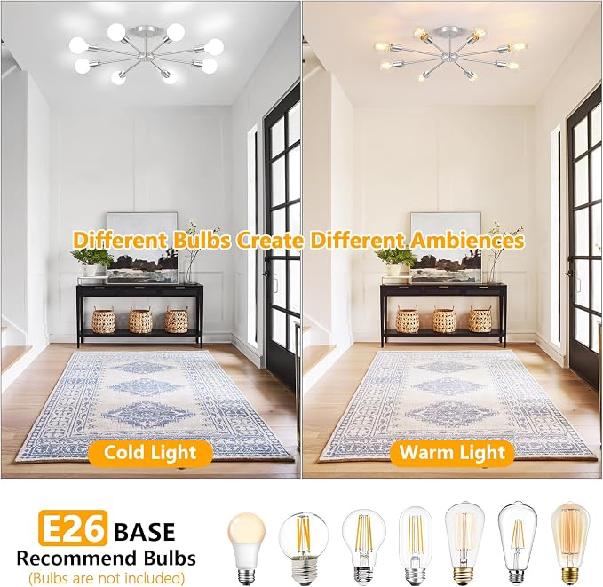 Lomoky 8-Lights Brushed Nickel Semi Flush Mount Ceiling Light Fixture, Modern Sputnik Hallway Light Fixtures Ceiling, E26 Close to Ceiling Lighting for Bedroom Dining Room Hallway