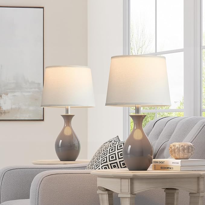 Table Lamp Set of 2, Modern Ceramic Bedside Lamps for Night Stands, Classic Small Lamp Nightstand Lamp for Bedroom Living Room Desk End Table Rocker Swtich Grey