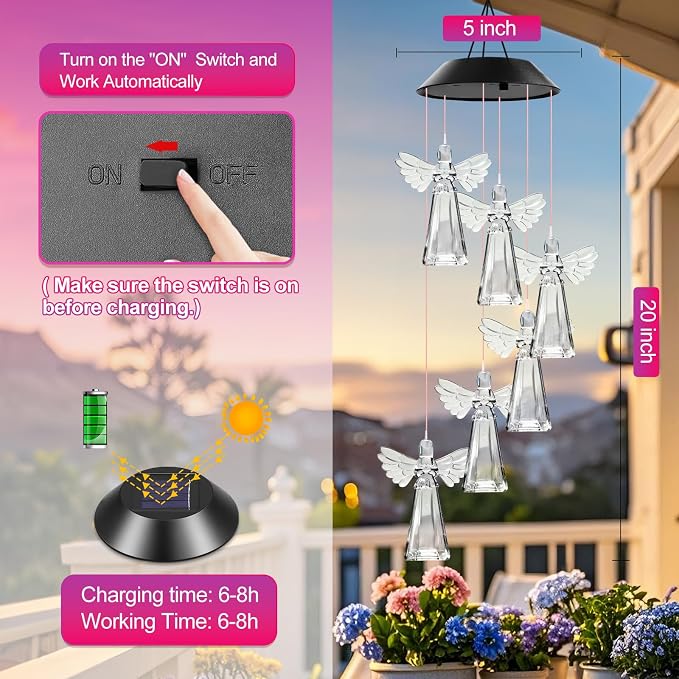 Winzwon Angel Solar Wind Chimes for Outside, Memorial Garden Decorations | Christian Gifts for Women, Mom, Grandma, Sister, Memorial Gifts for Loss of Loved One, Solar Lights Outdoor Yard Decor