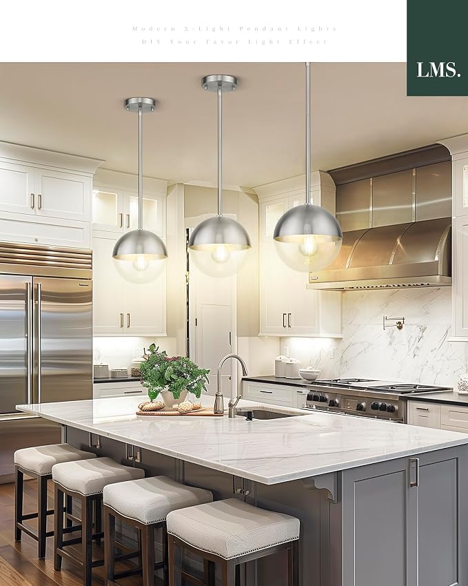 Modern 1-Light Pendant Light Fixtures, Brushed Nickel Kitchen Island Pendant Light Fixtures with Clear Globe Glass, Adjustable Hanging Rod Ceiling Light for Dining Room Bathroom, LMS-186BNC