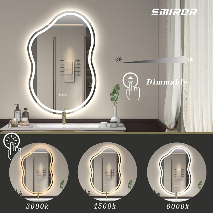 SMIROR 60x32 Irregular Led Lighted Bathroom Vanity Mirror | Asymmetrical, Cloud Shape, Front lighted + Backlit, Anti-Fog, 3 Colors, Dimmable, Memory, Tempered Glass, UL