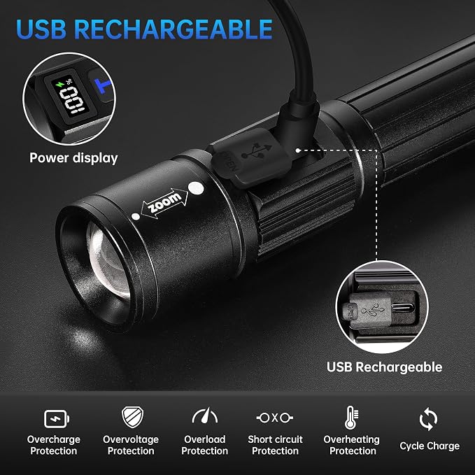 Rechargeable Flashlights 3 Pack, Super Bright High Lumens Flash Light, 5 Modes Zoomable Linternas with LCD Digital Display, Powerful Handheld LED Flashlights for Home Emergencies Camping
