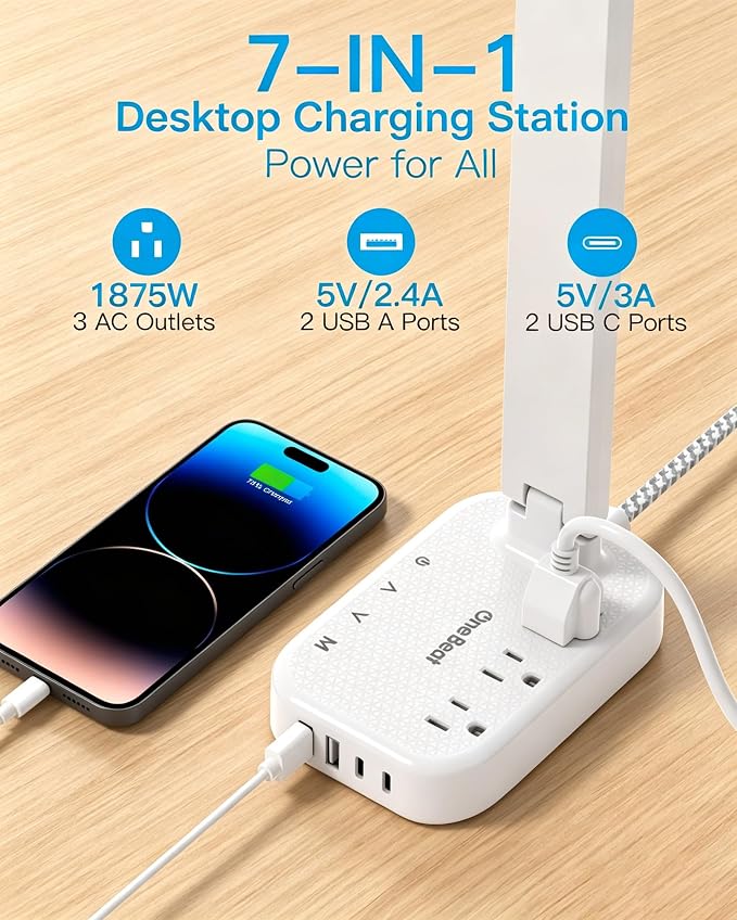 LED Desk Lamp, 10Ft Power Strip with 3 Outlets 4 USB Ports(2 USB C), White | One Beat 4 Modes 5 Level Brightness Touch Lamp, Small Desk Lamp for Home Office College Dorm Essentials, Study Reading Light