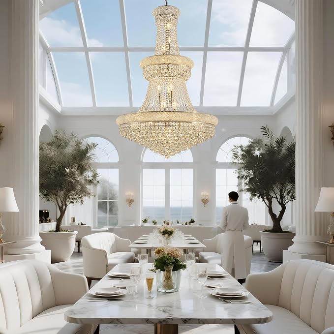 32" W 27 Light Luxury Foyer Chandeliers, Unique Empire K9 Crystal Chandelier for High Ceiling Foyer Entryway Living Room (Silver)