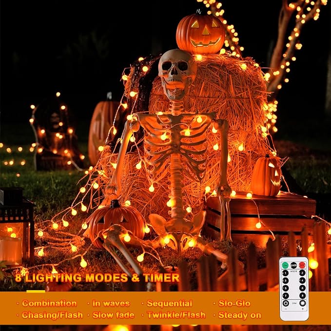 JMEXSUSS 100 LED Globe Orange Halloween Lights Battery Operated | 33ft 8 Modes Indoor Christmas Lights with Remote, Battery Powered Orange Lights Outdoor for Room Bedroom Party Patio Yard