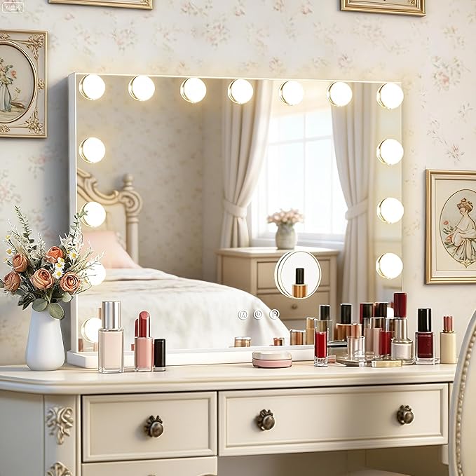 23" x 18" Hollywood Vanity Mirror with Lights, 15 Dimmable Bulbs, 3 Color Lights, Make Up Lighted Mirror, USB Charging Port, Gifts for Women Wife Teengirls