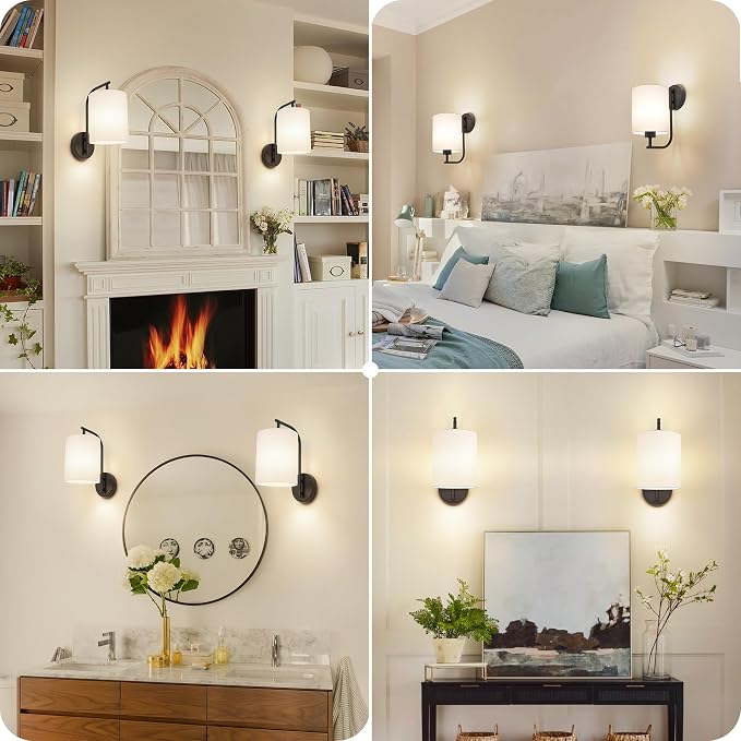 Battery Operated Wall Sconce Set of 2, Black Wall Light Fixture | Rechargeable Wall Mount Light, Dimmbale Bulb & Remote, 12 RGB Colors & Timer, Wireless Wall Lamp White Shade, Bedroom Hallway