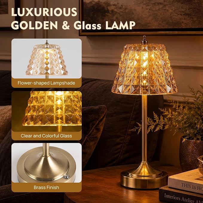 Flower Battery Operated Rechargeable Lamp Cordless, Rhombic, Amber | Small, Vintage, Gold, Wireless, LED, Dimmable, Table, Home Decor, Bedroom, Bedside, Nightstand, Birthday Gifts for Women