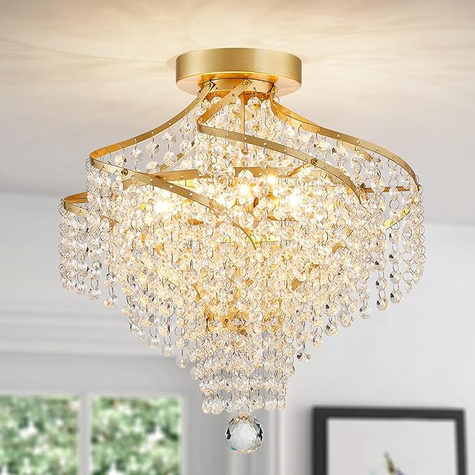 WUZUPS Crystal Chandelier Semi Flushmount Ceiling Light Modern Lighting Fixture for Bedroom Hallway Bar Kitchen Bathroom, H 14.7" x W 14.7", Gold, G9 Base