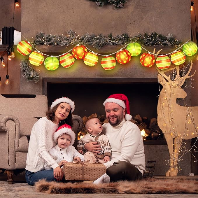 10 Pcs Christmas Paper Lanterns Red and Green Paper Lantern with LED Light 8.2 ft Christmas Hanging Ornament for Xmas Tree Decor Home Fireplace Porch Decoration Xmas Party Supplies