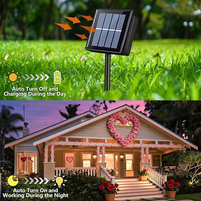 YEGUO Solar Rope Light Outdoor Waterproof, 66ft 200 LED Red String Lights, 8 Modes Tube Christmas Lights in Clear Thin Tube