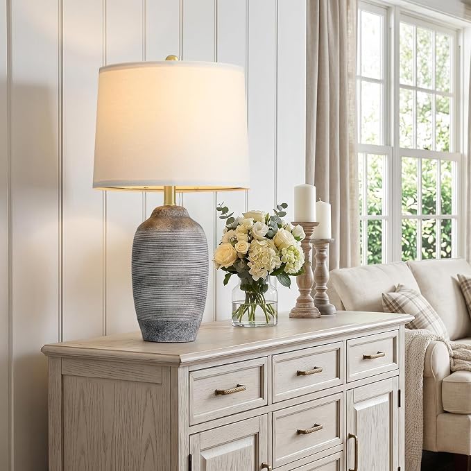 24.5" Vintage Ceramic Table Lamp Single-Rustic Boho Accent Nightstand Lamps for Bedroom, Living Room, Entryway-Small Textured Bedside Lamps, Modern Farmhouse Table Lamps for Home Decor Gray