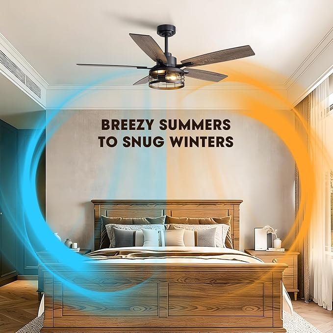 52 Inch Ceiling Fans with Lights and Remote & APP Control, Farmhouse Ceiling Fan Lights for Bedroom Living Room and Patio, Black Caged Ceiling Fan for Indoor and Outdoor (No Bulbs)