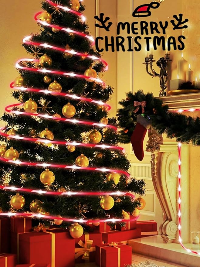 QITONG Solar Christmas Lights, 2 Pack Each 33ft 100 LED Red & White Candy Cane Rope Light Outdoor Waterproof, 8 Modes Fairy Lights in Clear Thin Tube