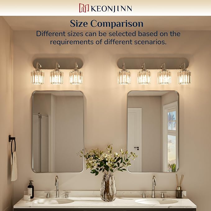 Keonjinn 4-Light Chrome Bathroom Light Fixtures Over Mirror, Crystal | Vanity Lighting Fixture with Crystal Square Shades, Dimmable, Modern Style, Compatible with E26 Base LED Bulbs (Exclude Bulb)