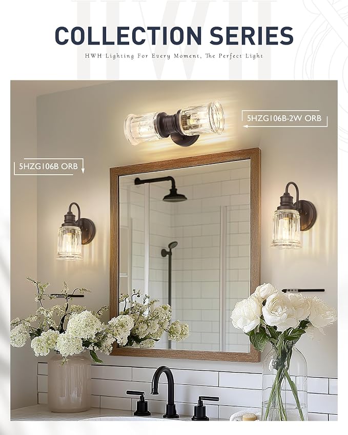 Rustic Wall Sconces, HWH Farmhouse Sconce Wall Lighting in Oil-Rubbed Bronze Finish, 2-Light Indoor Up Down Wall Light for Bathroom, Bell-Shaped Clear Glass, 5HZG106B-2W ORB