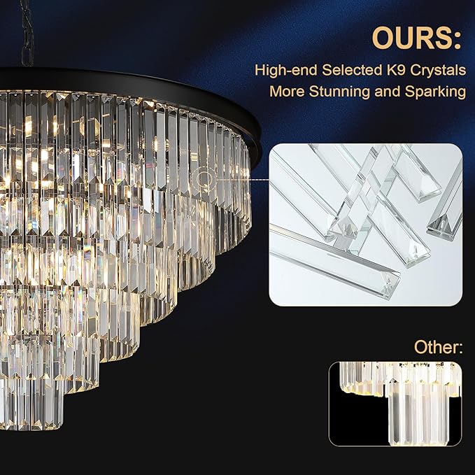 35'' Large Crystal Chandeliers 6-Tier Modern Black K9 Crystal Ceiling Pendant Light 22-Light Luxury Round Crystal Chandelier for High Ceiling Entryway Staircase Living Room Foyer