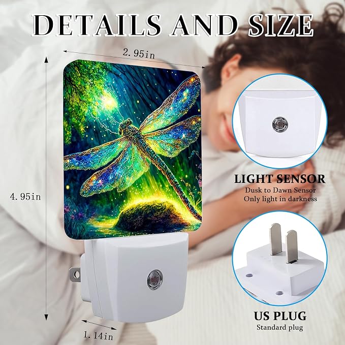 Dragonfly Night Light, Plug-into Wall Green Glitter Nightlight Lamp with Dusk to Dawn Sensor, Led Lamp 0.5W Energy Efficient for Boys Girls Adults Home Decor