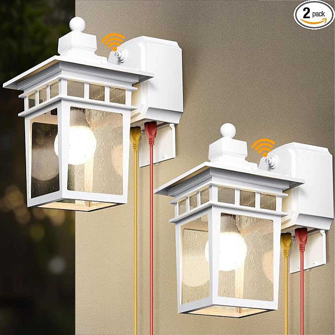 2 Pack Outdoor Light with GFCI Outlet,White Dusk to Dawn Porch Lights Outdoor Wall Light Fixture with Outlet,Aluminum Exterior Lighting Fixtures Wall Mount,Waterproof Outside Lights for House