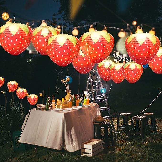 4Pcs Strawberry Paper Lanterns, Windspeed Large Strawberry Paper Lantern Hanging Decor 3D Strawberry Decoration Hanging For strawberry Birthday party decorations 8 inch, 12 inch (red)