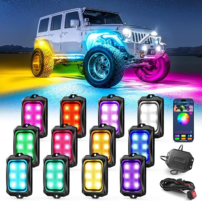 MICTUNING C2+ RGB+IC Rock Lights - 12 Pods Dynamic Chasing Color Underglow Neon Kit, Extensible to 24 Pods, Bluetooth APP Control & IP68 Waterproof, for Trucks Cars ATV UTV Golf Cart (2 Year Warranty)