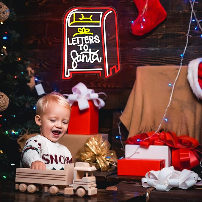 GNVETZLL Letters to Santa Neon Sign Christmas Letter Box Light up Sign Santa Neon Light Sign for Christmas Party Bedroom New Year Bar Wall Decorations(15.75 * 12.6In)
