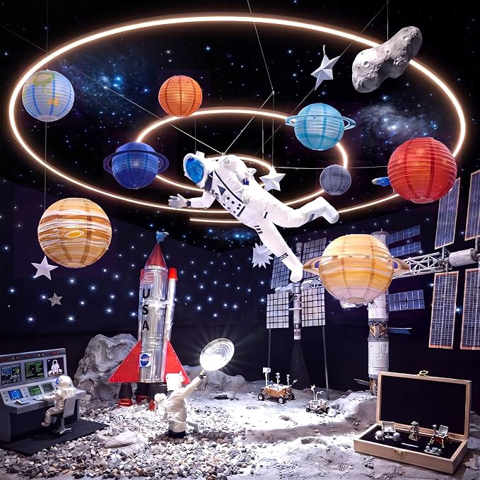 VioraWhite 9 Pcs Space Celing Decoration for Classroom 8 Paper Lanterns with 16.4 ft Battery String Light Outer Space Themed Hanging Party Decoration Solar System for Back to School Classroom Room
