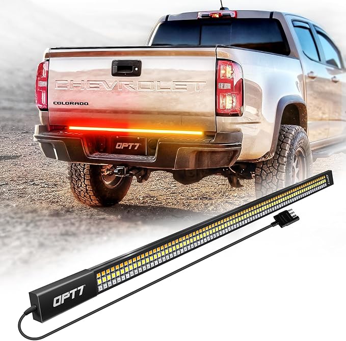 OPT7 Redline 48" Aluminum Truck Tailgate Light Bar w/Sequential Amber Turn - Weatherproof Rigid 1-Piece Triple Row LED Strip - Dynamic Taillight w/White Reverse - Fits Tacoma Colorado Frontier Canyon