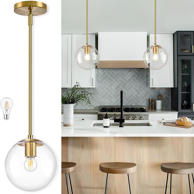8" Globe Pendant Light Gold Mid Century Modern Light Fixture Clear Glass Pendant Lights Kitchen Island Modern Pendant Lights Brushed Brass Finished with Clear Glass Lampshade for Bedroom