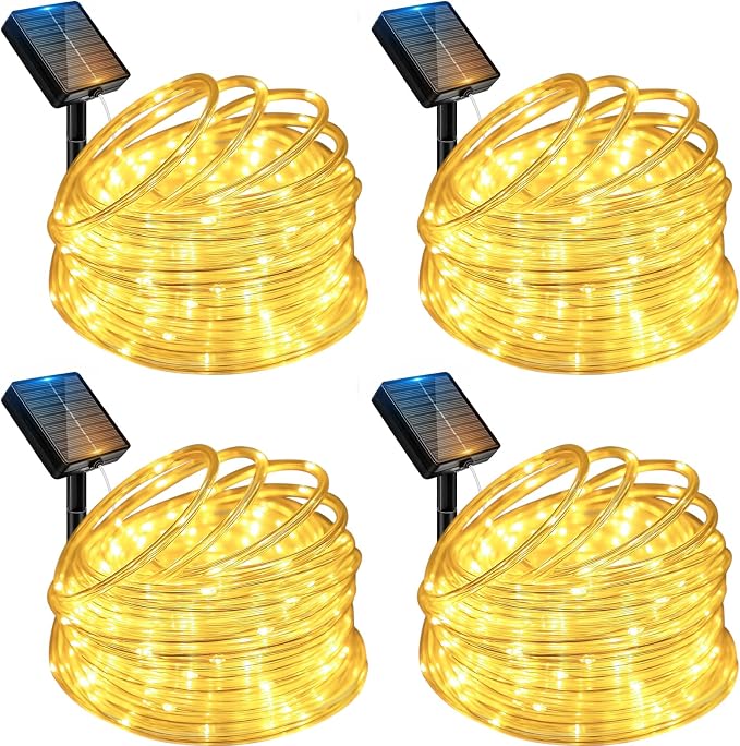 btfarm Solar Rope Lights, 120LED 46FT String Lights Outdoor Waterproof | 4 Pack 8 Modes, Timer Memory Function, Tube Trampoline lighting for Outside Garden Tree Christmas Yard Patio Decor,Warm White