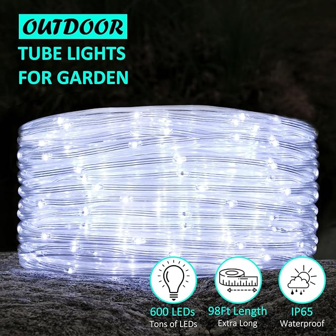 Rope Lights Outdoor, 98ft 600 LED Outdoor Plug in Rope Light, Waterproof String Lights for Garden, Tree, RV, Patio, Holiday Decor, Party, Christmas (Cool White)