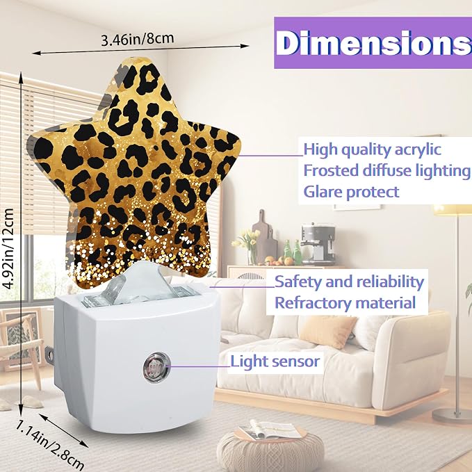 Energy Efficient Nightlights Plug in Wall, Leopard Prink Night Light for Kids Bedroom Decorative, Gold Glitter Dusk-to-Dawn Sensor Sleep Friendly Lamp for Nursery Bathroom Basement