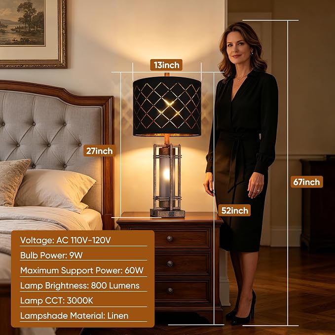 WIHTU Vintage Finish Table Lamp Set of 2 with USB Ports, Metal Desk Lamps | Black Grid Shade, Square Base, LED Bulbs Included E26 Base, with USB Port, Rocker Switch, Desk Lamps for Living Room, Bedroom