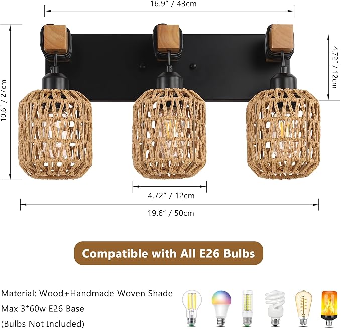 LmnLvn 3-Light Bathroom Vanity Light, Boho Farmhouse Rattan Handwoven Shade | Wood & Metal Frame, Rattan Vanity Light Design, Mounted Over Mirror, Easy To Install for Restroom, Bedroom & Hallway