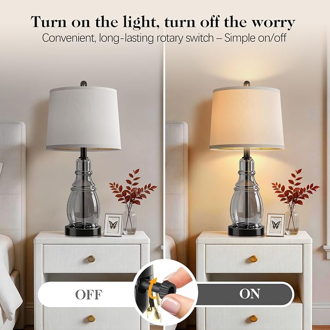 ROTTOGOON Glass Table Lamp Set of 2, Modern Table Lamps for Living Room Bedroom, Bedside Desk Lamps Vintage Nightstand Lamps with Linen Shades, 22", Black