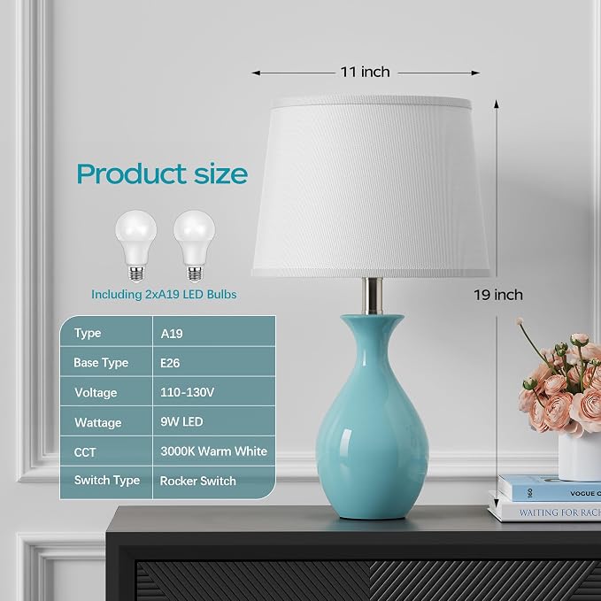 Table Lamp Set of 2, Modern Ceramic Bedside Lamps for Night Stands, Classic Small Lamp Nightstand Lamp for Bedroom Living Room Desk End Table Rocker Swtich Sky Blue
