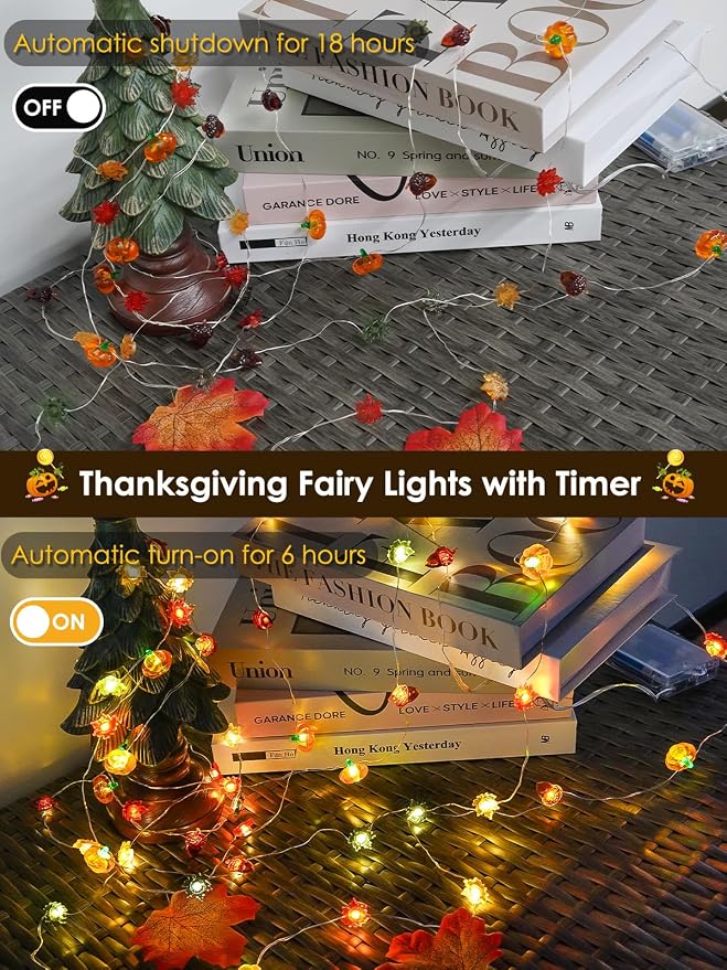 Fall Decor 3D Pumpkin Acorn Maple Leaf Fairy Lights Battery Operated Remote | 10FT 30 LED, 8 Modes & Timer, IP44 Waterproof Twinkle String Lights for Indoor Outdoor Harvest Thanksgiving Halloween Decor